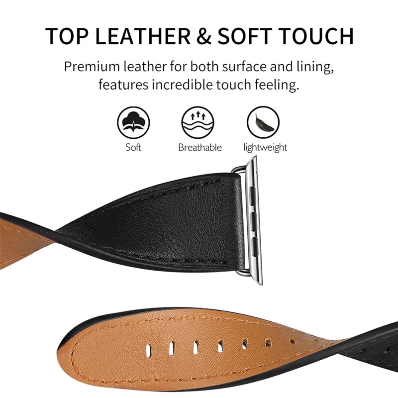 Genuine Leather Watch Strap for Apple Watch Series 11 10 42mm / 9 8 7 41mm / SE3 SE2 SE 6 5 4 40mm / 3 2 1 38mm - Black