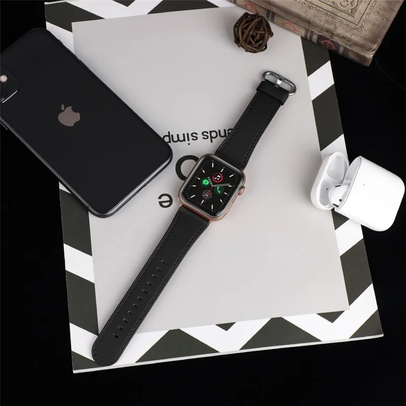 Genuine Leather Watch Strap for Apple Watch Series 11 10 42mm / 9 8 7 41mm / SE3 SE2 SE 6 5 4 40mm / 3 2 1 38mm - Black