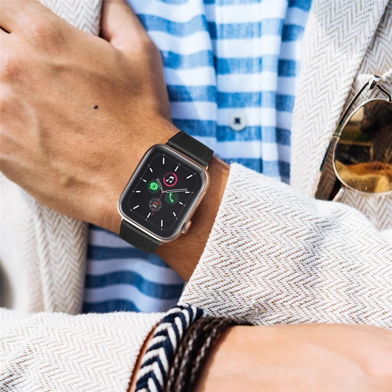 Genuine Leather Watch Strap for Apple Watch Series 11 10 42mm / 9 8 7 41mm / SE3 SE2 SE 6 5 4 40mm / 3 2 1 38mm - Black