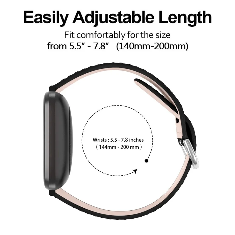 22.5mm Top Layer Genuine Leather Watch Band for Fitbit Versa 3/Sense, Adjustable Buckle Wrist Strap - Black