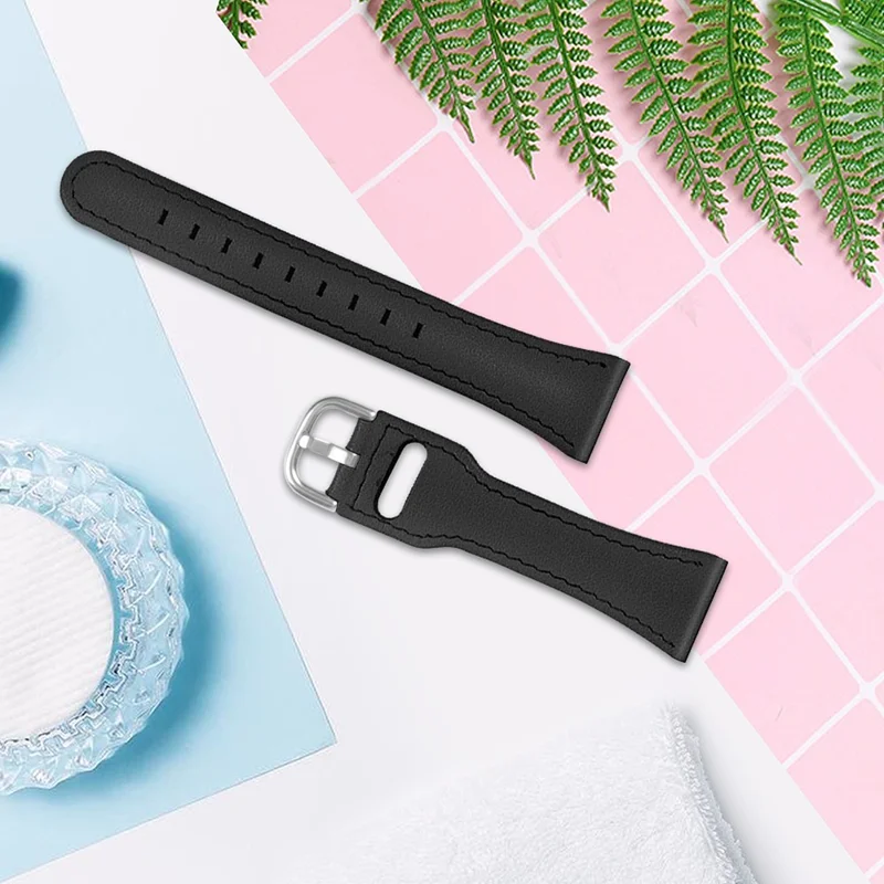 22.5mm Top Layer Genuine Leather Watch Band for Fitbit Versa 3/Sense, Adjustable Buckle Wrist Strap - Black