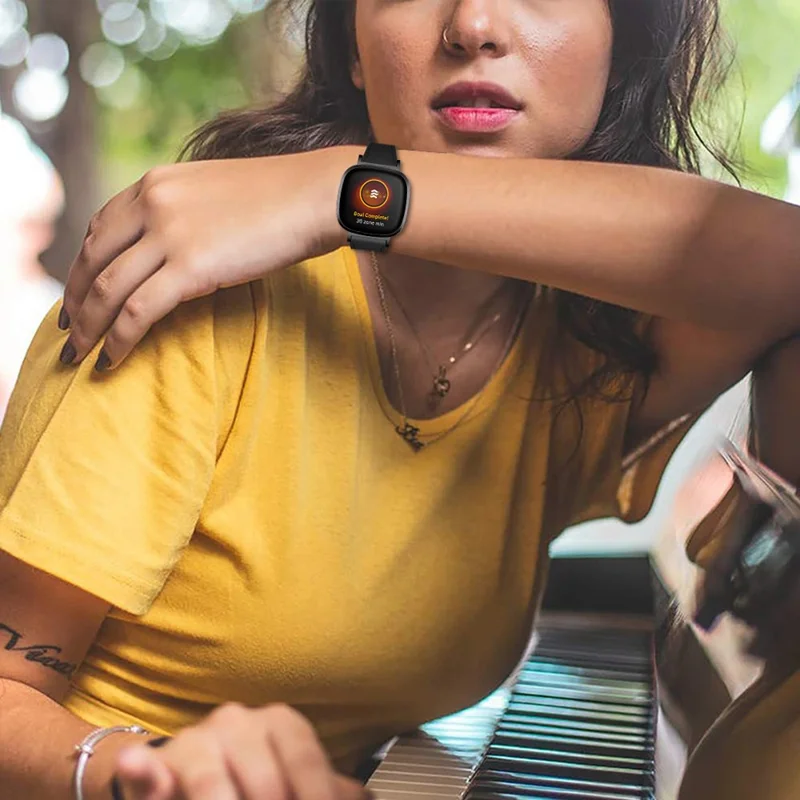 22.5mm Top Layer Genuine Leather Watch Band for Fitbit Versa 3/Sense, Adjustable Buckle Wrist Strap - Black