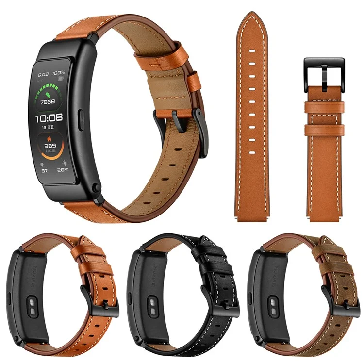 16mm Top Layer Cowhide Leather Watch Band Strap for Huawei TalkBand B3/B6 - Black