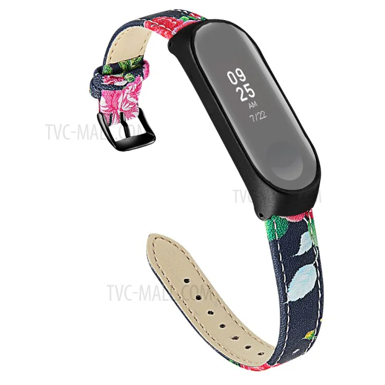 Flower Pattern Genuine Leather Watch Band Replacement for Xiaomi Mi Band 5/4/3 - Style A