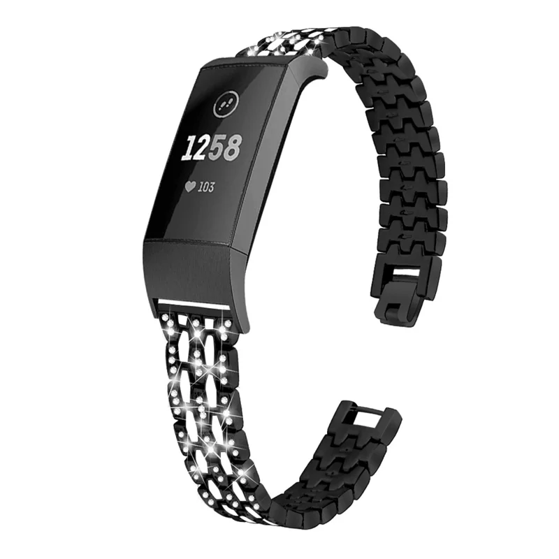 Rhinestone Decor Zinc Alloy Smart Watch Band Strap Replacement for Fitbit Charge 3 - Black
