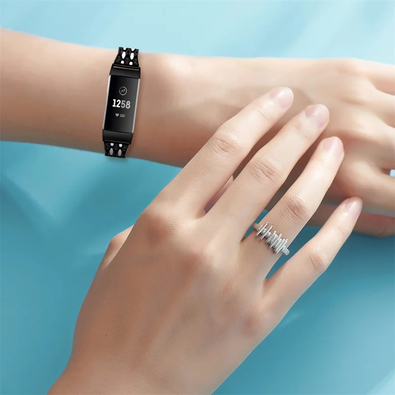 Rhinestone Decor Zinc Alloy Smart Watch Band Strap Replacement for Fitbit Charge 3 - Black