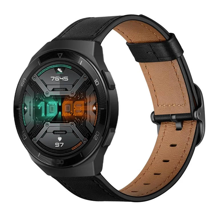 Bracelet de montre en cuir véritable de 22 mm de remplacement pour Huawei Watch GT2e/ Samsung Galaxy Watch3 45 mm, etc. - Noir