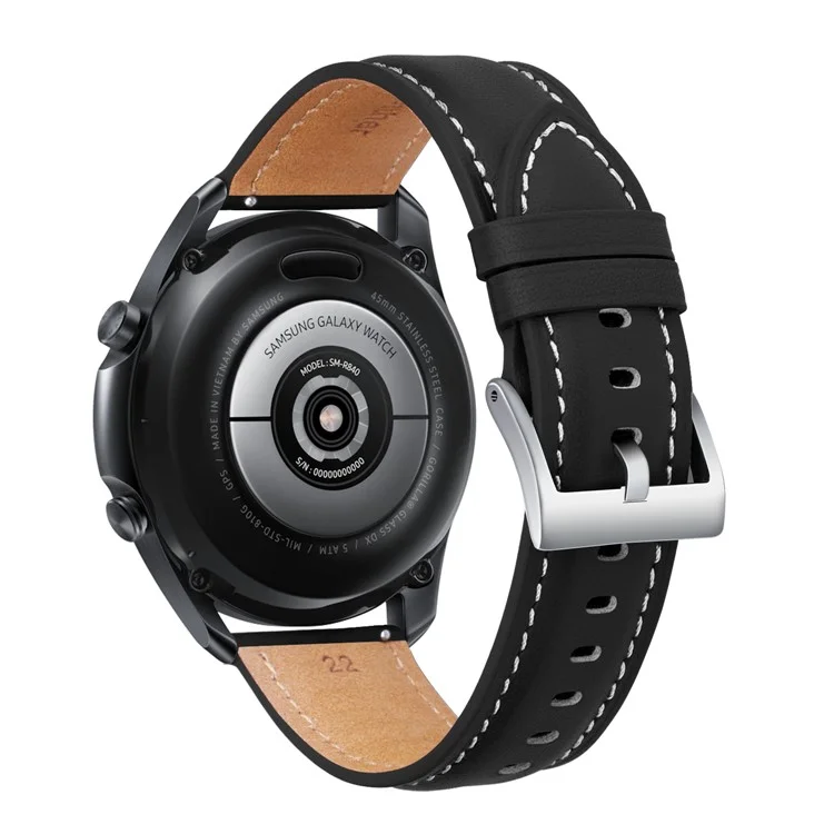 22mm Feine Stiche Echtes Leder -uhrenband Für Samsung Galaxy Watch3 45 mm Usw. - Schwarz