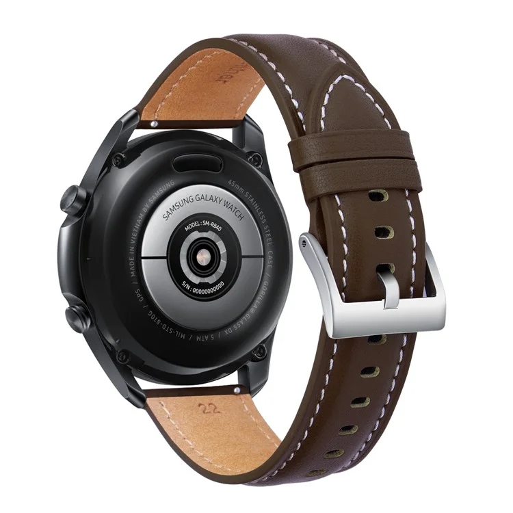 Pulseira de couro legítimo de 22 mm com costuras finas para Samsung Galaxy Watch3 45 mm etc. - Café