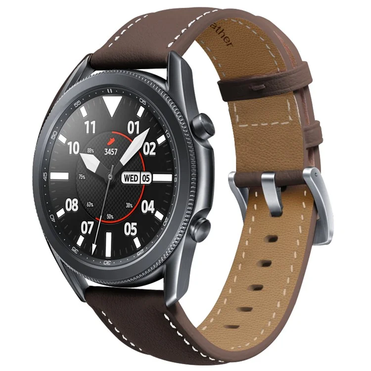 Pulseira de couro legítimo de 22 mm com costuras finas para Samsung Galaxy Watch3 45 mm etc. - Café