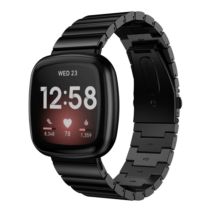 Single Row Stainless Steel Smart Watch Band Replacement for Fitbit Versa 3 - Black