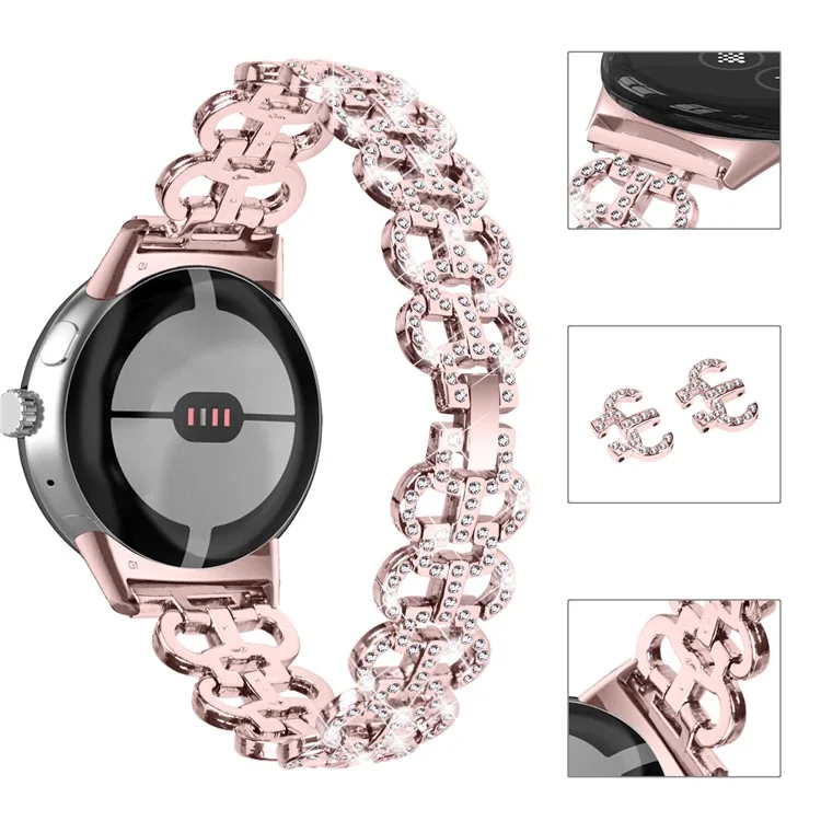 Para Google Pixel Watch 3 41mm / Watch 2 / Pixel Watch Alloy Strap Rhinestones Decor Gourd Shape Watch Band - Rosa