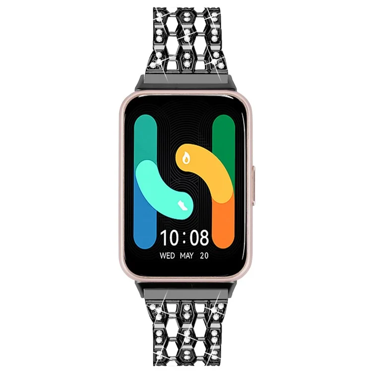 For Samsung Galaxy Fit3 SM-R390 Metal Watch Band Rhinestones Decor Replacement Strap - Black+White
