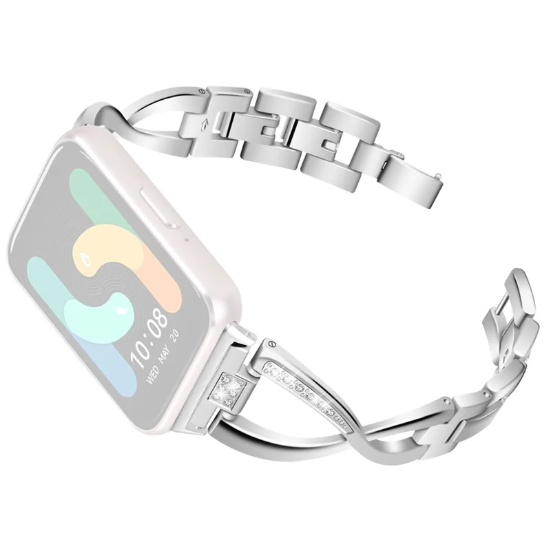 For Samsung Galaxy Fit3 SM-R390 Stainless Steel Strap Rhinestones Decor X-shape Smartwatch Band - Silver