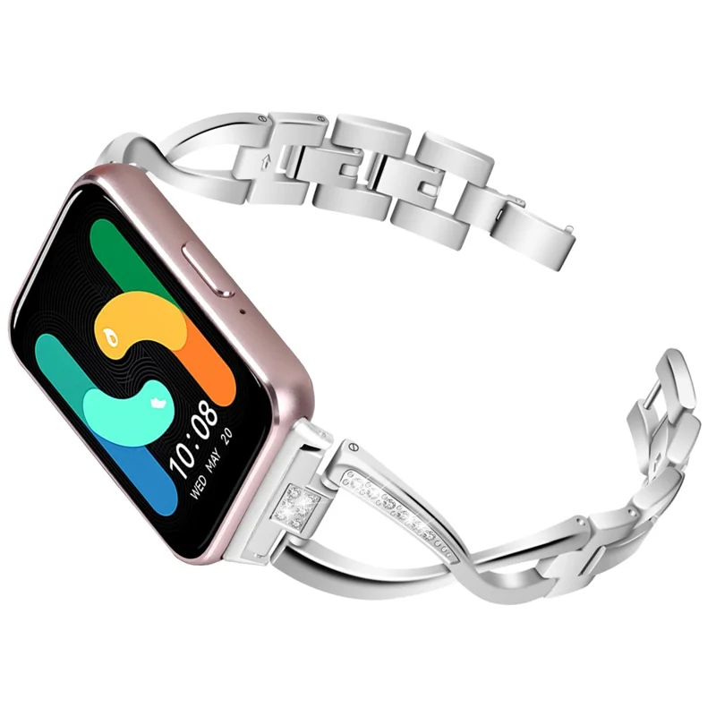 For Samsung Galaxy Fit3 SM-R390 Stainless Steel Strap Rhinestones Decor X-shape Smartwatch Band - Silver