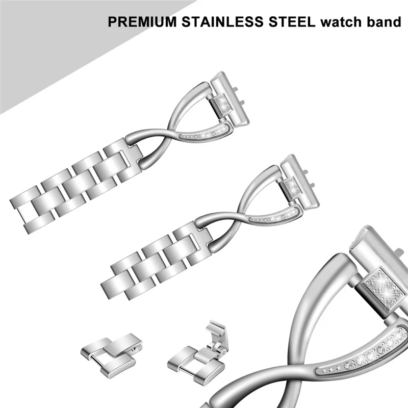 For Samsung Galaxy Fit3 SM-R390 Stainless Steel Strap Rhinestones Decor X-shape Smartwatch Band - Silver