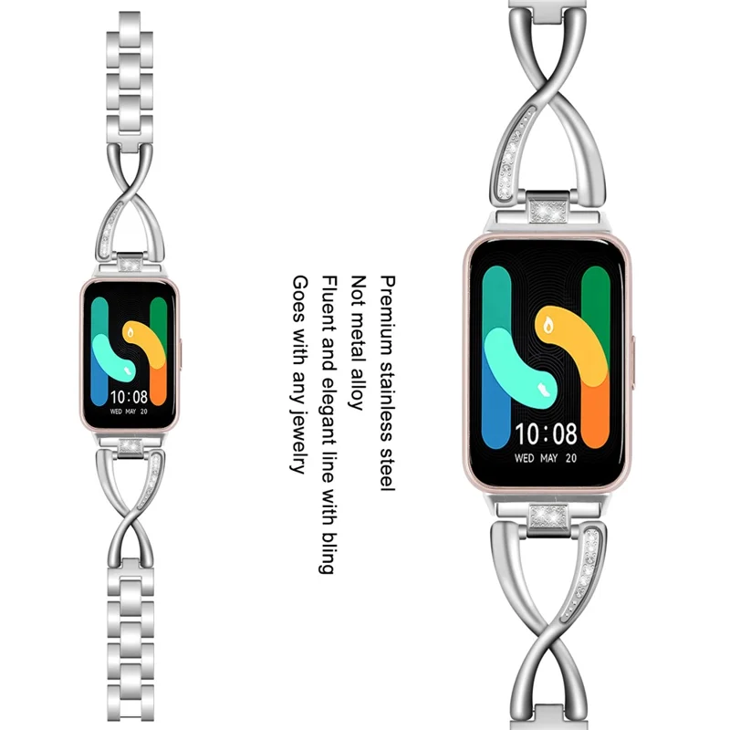 For Samsung Galaxy Fit3 SM-R390 Stainless Steel Strap Rhinestones Decor X-shape Smartwatch Band - Silver