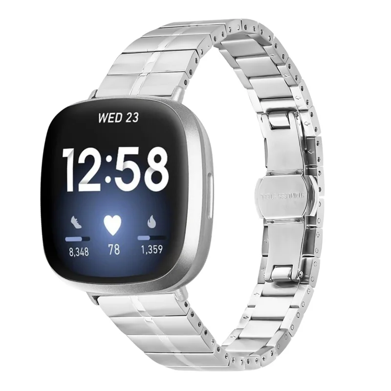 For Fitbit Versa 3 / Sense Replacement Wrist Strap 1-Bead Stainless Steel Watch Band - Silver