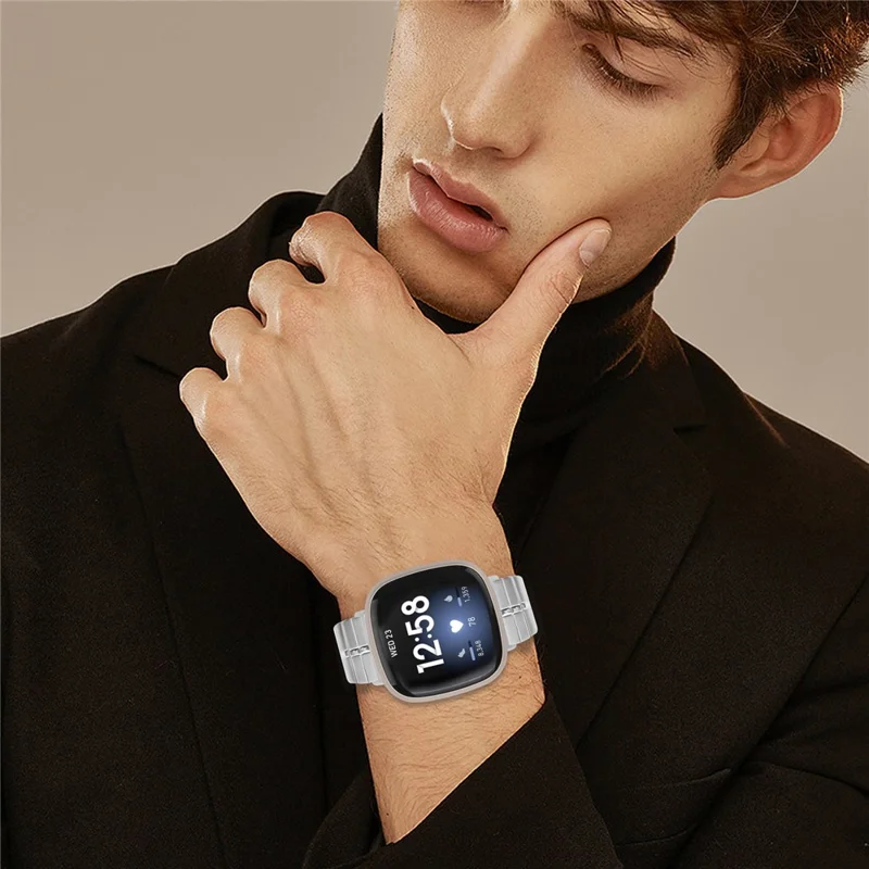 For Fitbit Versa 3 / Sense Replacement Wrist Strap 1-Bead Stainless Steel Watch Band - Silver