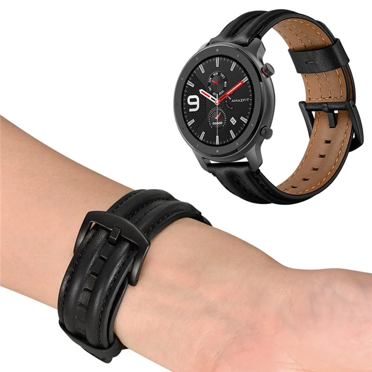 Keel Dupla de 20 mm Banda de Relógio de Pulso de Couro Genuíno Para Huami Amazfit GTR 42mm - Preto