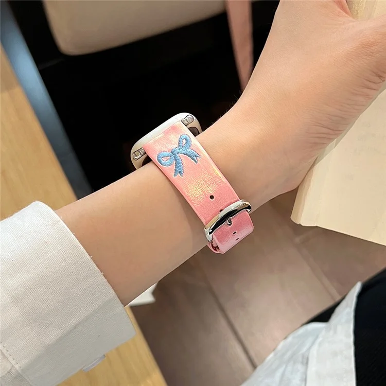 Para Apple Watch Series 10 42mm / 9 8 7 41mm / SE (2023) SE (2022) SE 6 5 4 40mm / 3 2 1 38mm Watch Band Bowknot Leather Strap - Gradient Pink