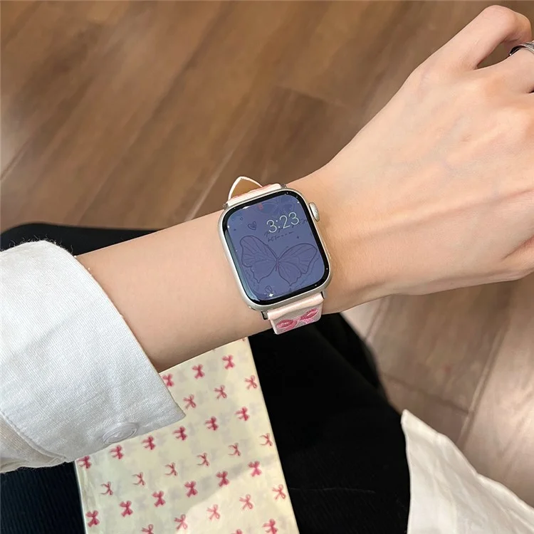 Para Apple Watch Series 10 42mm / 9 8 7 41mm / SE (2023) SE (2022) SE 6 5 4 40mm / 3 2 1 38mm Watch Band Bowknot Leather Strap - Gradient Pink
