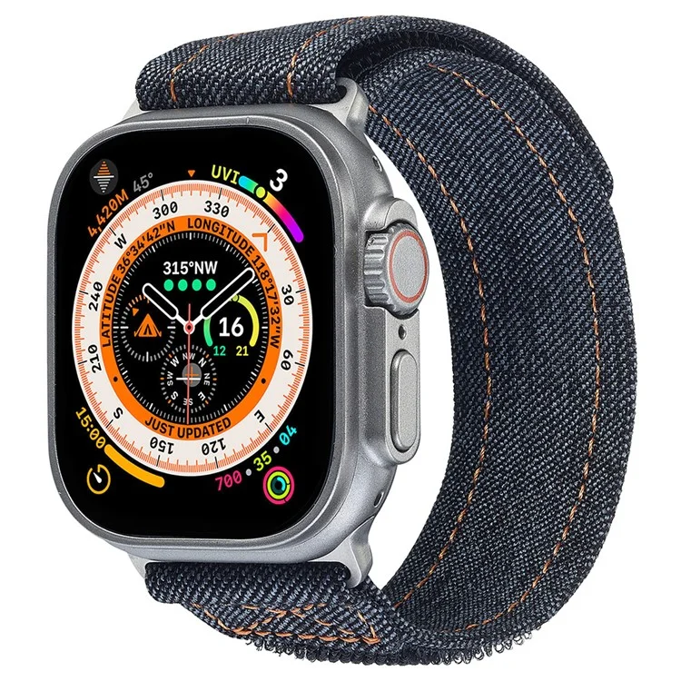 KALEBOL Cinturino in Denim per Apple Watch 10 46mm / Ultra 2 / Ultra 49mm / 9 8 7 45mm / SE (2023) SE (2022) SE 6 5 4 44mm / 3 2 1 42mm Cinturino a Nastro Magico - Nero