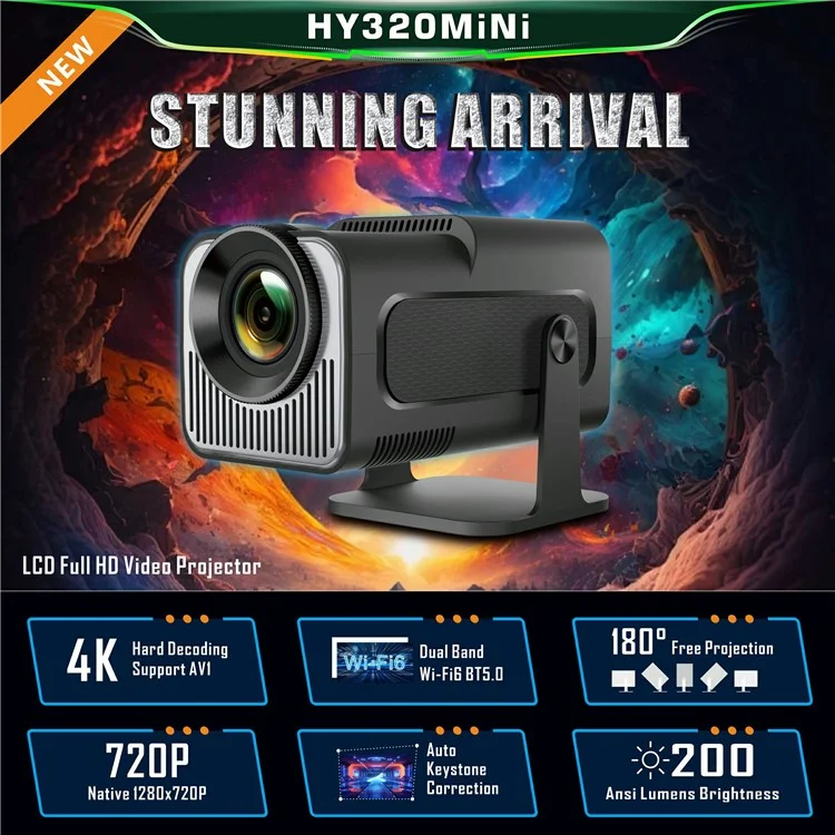HY320 mini Projecteur Android 11.0 720P Mini WiFi 2,4G/5G WiFi6 Bluetooth 5.0 200 ANSI Appareil de Cinéma Maison (CE RoHs FCC) - Prise AU