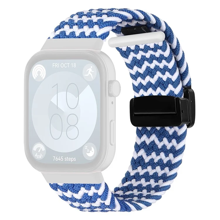 For Huawei Watch Fit 3 Replacement Braided Band Magnetic Buckle Watch Strap - Wave Pattern / Blue+White