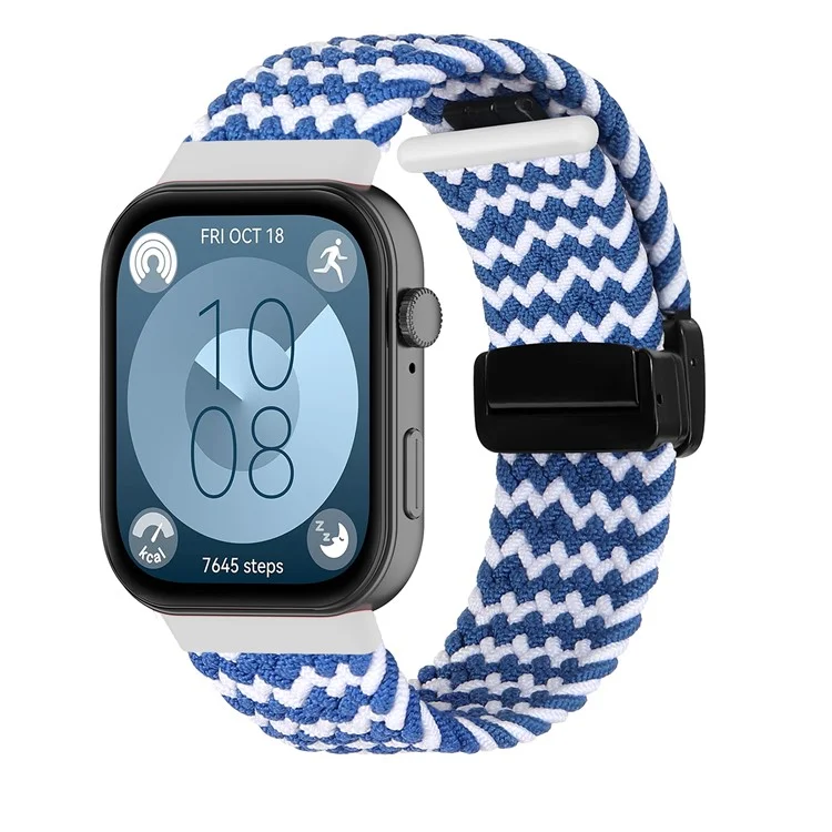 For Huawei Watch Fit 3 Replacement Braided Band Magnetic Buckle Watch Strap - Wave Pattern / Blue+White