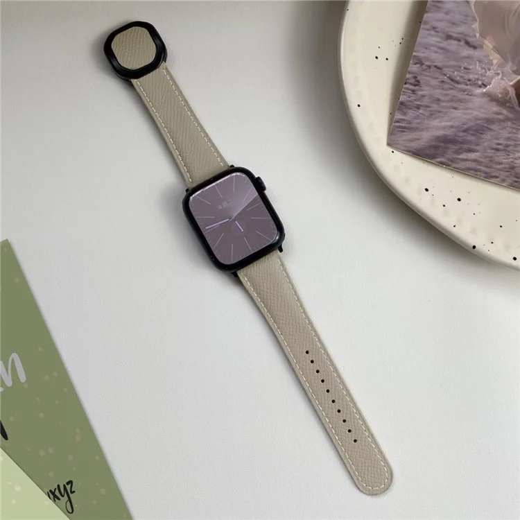 Pour Apple Watch 10 46mm / Ultra 2 / Ultra 49mm / 9 8 7 45mm / SE (2023) SE (2022) SE 6 5 4 44mm / 3 2 1 42mm Genuine Cow Leather Wrist Band - Abricot