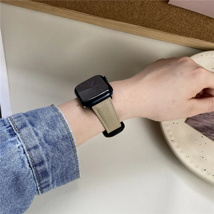 Pour Apple Watch 10 46mm / Ultra 2 / Ultra 49mm / 9 8 7 45mm / SE (2023) SE (2022) SE 6 5 4 44mm / 3 2 1 42mm Genuine Cow Leather Wrist Band - Abricot