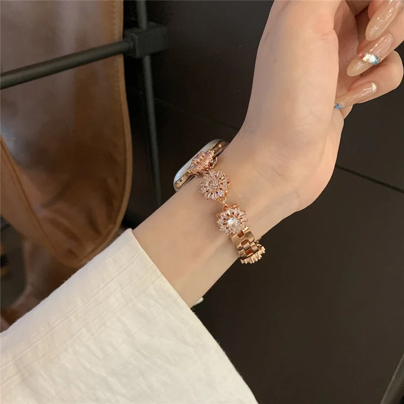 For Apple Watch Series 11 10 42mm / 9 8 7 41mm / SE3 SE2 SE 6 5 4 40mm / 3 2 1 38mm Zircon Wrist Strap - Rose Gold