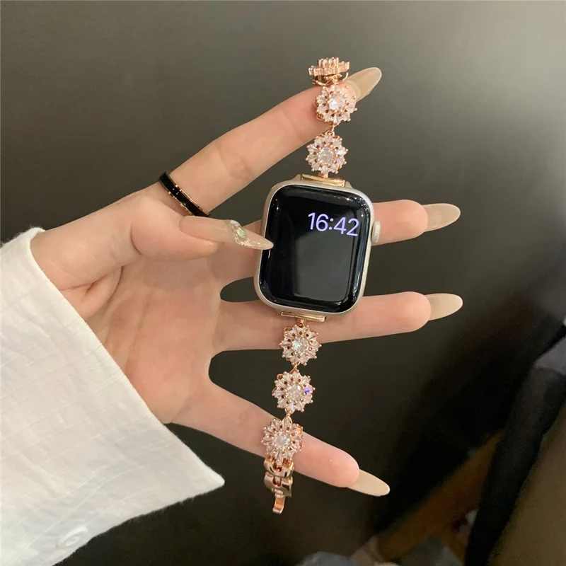 For Apple Watch Series 11 10 42mm / 9 8 7 41mm / SE3 SE2 SE 6 5 4 40mm / 3 2 1 38mm Zircon Wrist Strap - Rose Gold
