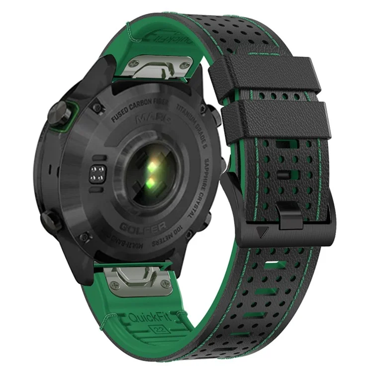 For Garmin Fenix 7 / 7 Pro Watch Strap 22mm Leather + Silicone Watch Band - Black+Green