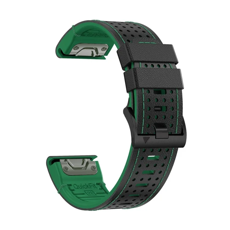 For Garmin Fenix 7 / 7 Pro Watch Strap 22mm Leather + Silicone Watch Band - Black+Green