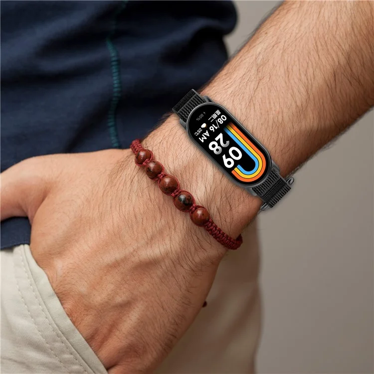Für Xiaomi Mi Band 9 NFC / Mi Band 9 / Smart Band 8 NFC / Smart Band 8 Uhrenarmband Atmungsaktives Nylon-Sportarmband - Schwarz+Grau