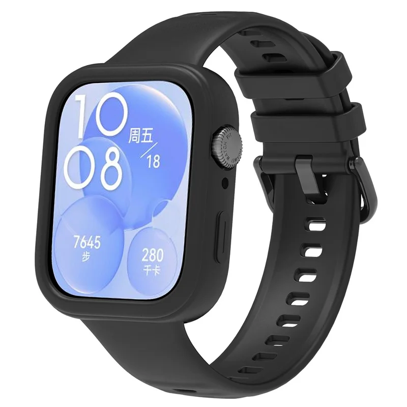 For Huawei Watch Fit 3 Silicone Band Wrist Strap with Watch Case - Black