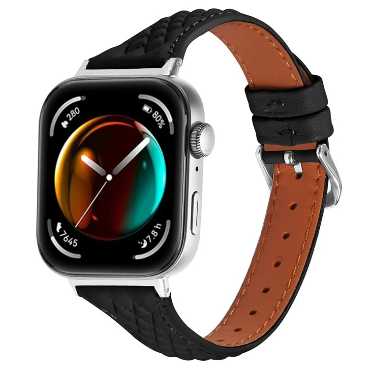 Genuine Cow Leather Band for Huawei Watch Fit 3 Rhombus Imprinted Watch Strap - Black