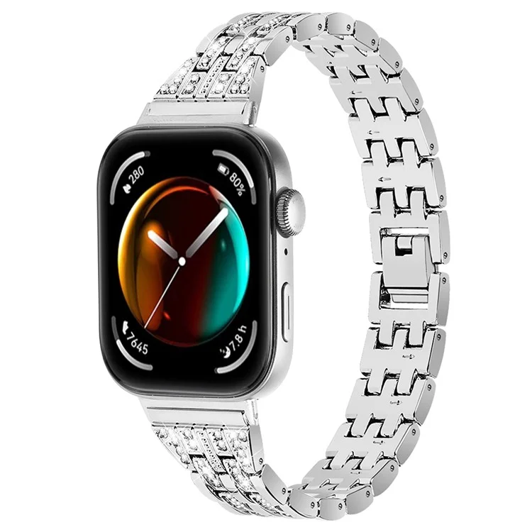 For Huawei Watch Fit 3 Metal Band Rhinestone Decorated Smart Watch Wrist Strap - Silver