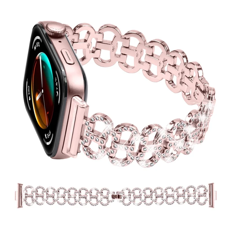 For Huawei Watch Fit 3 Metal Watch Band Gourd Shape Rhinestone Replacement Strap - Rose Pink