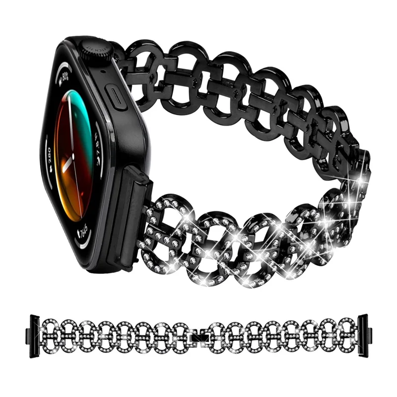 For Huawei Watch Fit 3 Metal Watch Band Gourd Shape Rhinestone Replacement Strap - Black