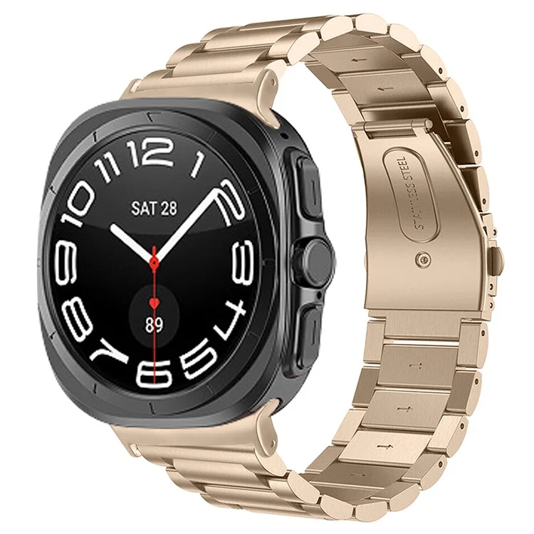 For Samsung Galaxy Watch Ultra 47mm Watch Band 3-Bead Stainless Steel Metal Strap - Retro Gold