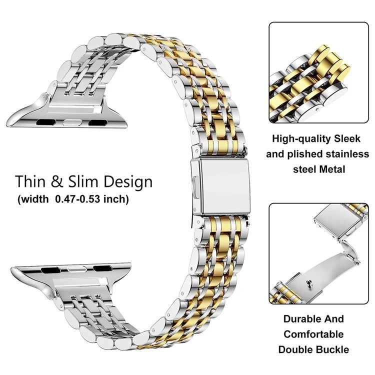 Für Apple Watch Series 10 42mm / 9 8 7 41mm / SE (2023) SE (2022) SE 6 5 4 40mm / 3 2 1 38mm Uhrenarmband Edelstahlband - Silber+Gold
