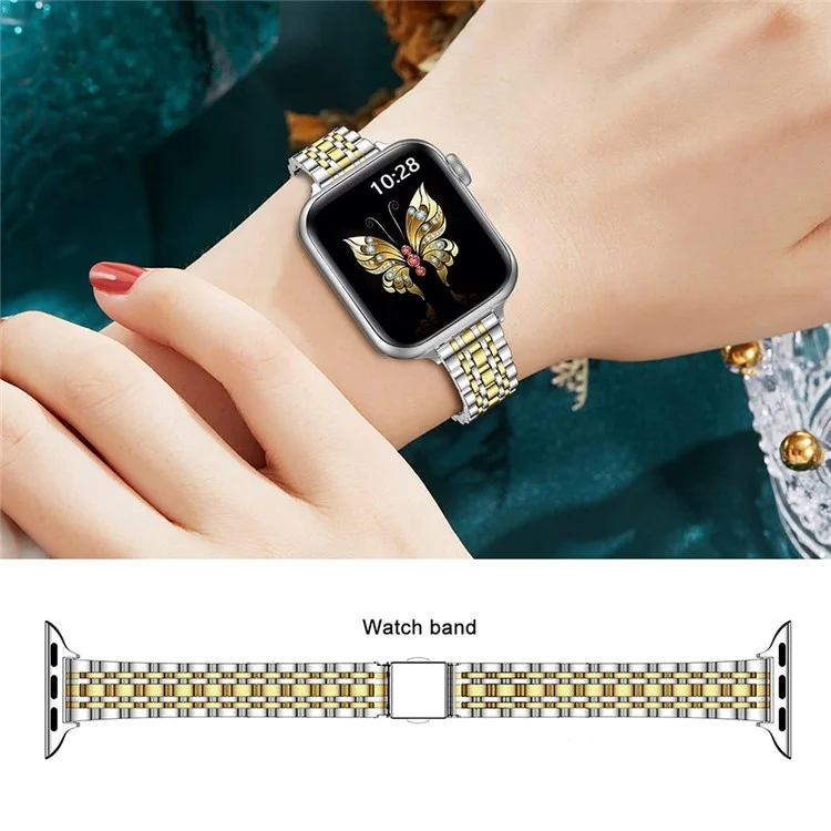 Für Apple Watch Series 10 42mm / 9 8 7 41mm / SE (2023) SE (2022) SE 6 5 4 40mm / 3 2 1 38mm Uhrenarmband Edelstahlband - Silber+Gold