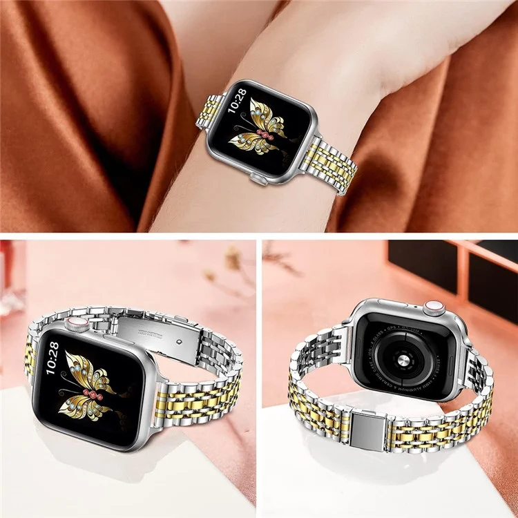 Für Apple Watch Series 10 42mm / 9 8 7 41mm / SE (2023) SE (2022) SE 6 5 4 40mm / 3 2 1 38mm Uhrenarmband Edelstahlband - Silber+Gold