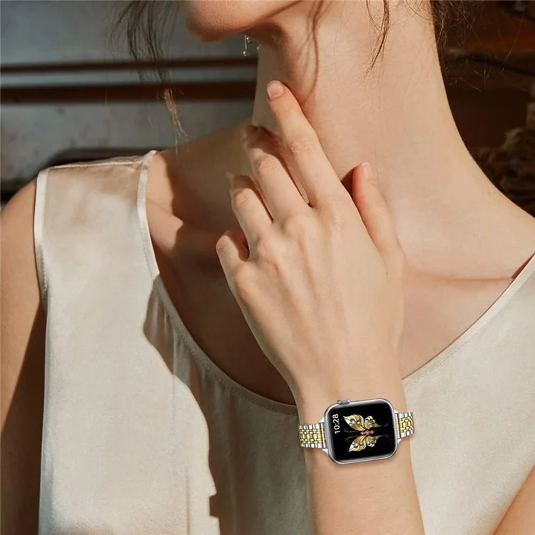 Für Apple Watch Series 10 42mm / 9 8 7 41mm / SE (2023) SE (2022) SE 6 5 4 40mm / 3 2 1 38mm Uhrenarmband Edelstahlband - Silber+Gold