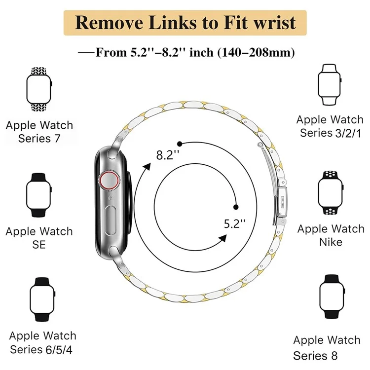 Für Apple Watch Series 10 42mm / 9 8 7 41mm / SE (2023) SE (2022) SE 6 5 4 40mm / 3 2 1 38mm Uhrenarmband Edelstahlband - Silber+Gold