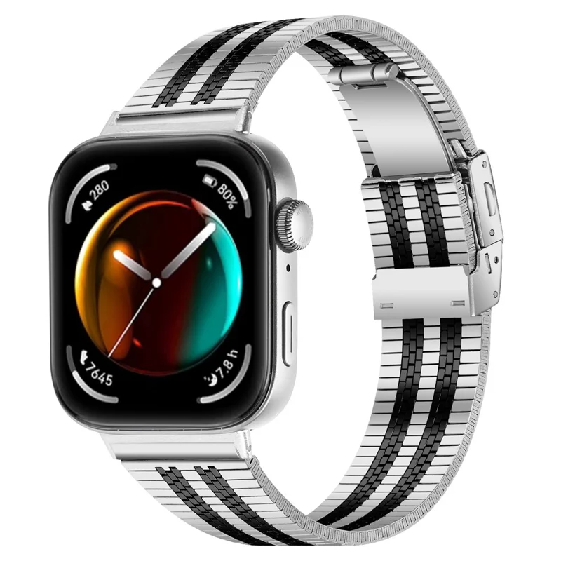 For Huawei Watch Fit 3 Watch Band 316L Stainless Steel Five-Bead Wrist Strap - Silver Black