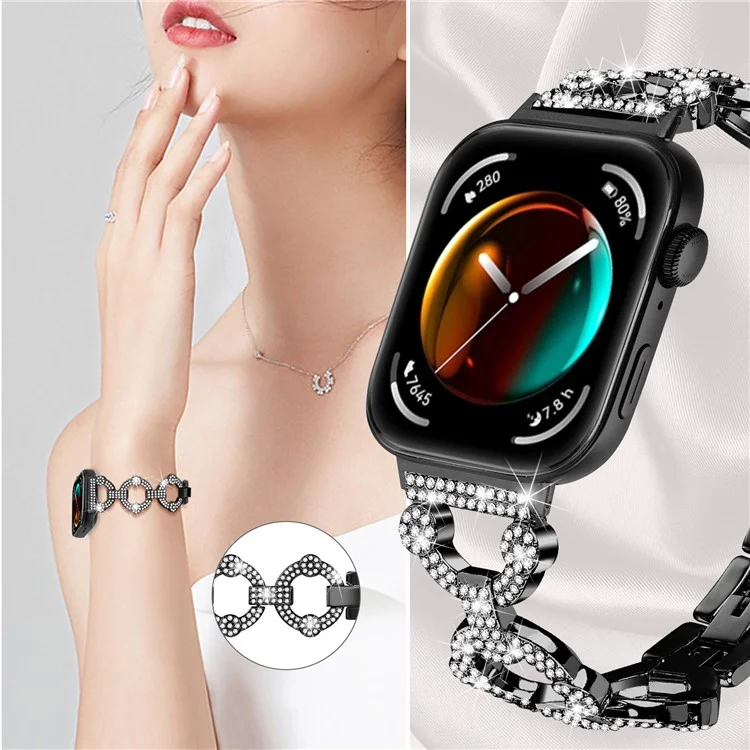 For Huawei Watch Fit 3 Metal Watch Band Shiny Rhinestone Strap Bracelet - Black